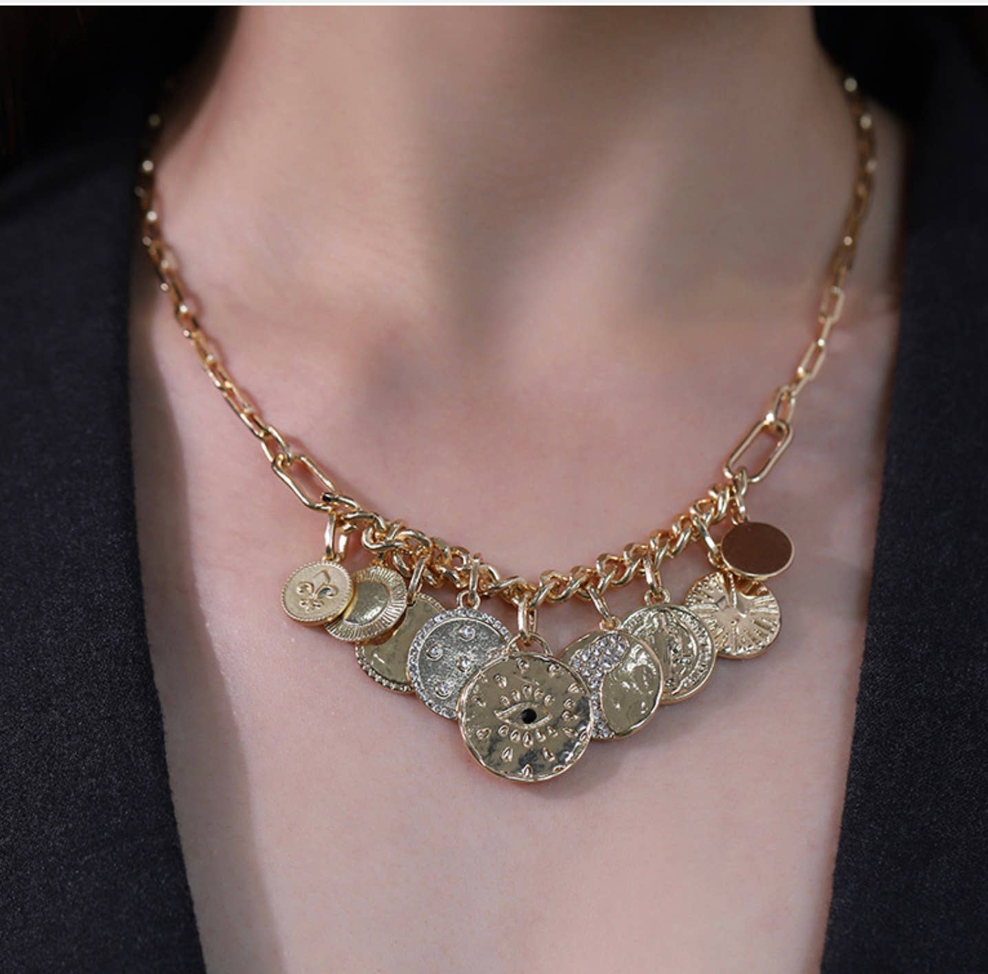 HoopLa Style - Celestial Multi Charm  Paperclip Necklace- 9 COINS