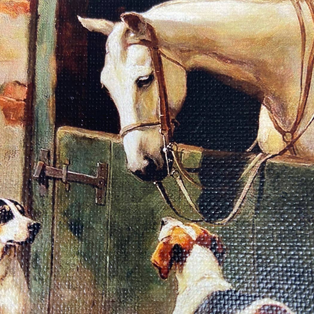 Dog and Horse at Stable Framed Oil Painting Print on Canvas: 8 x 10