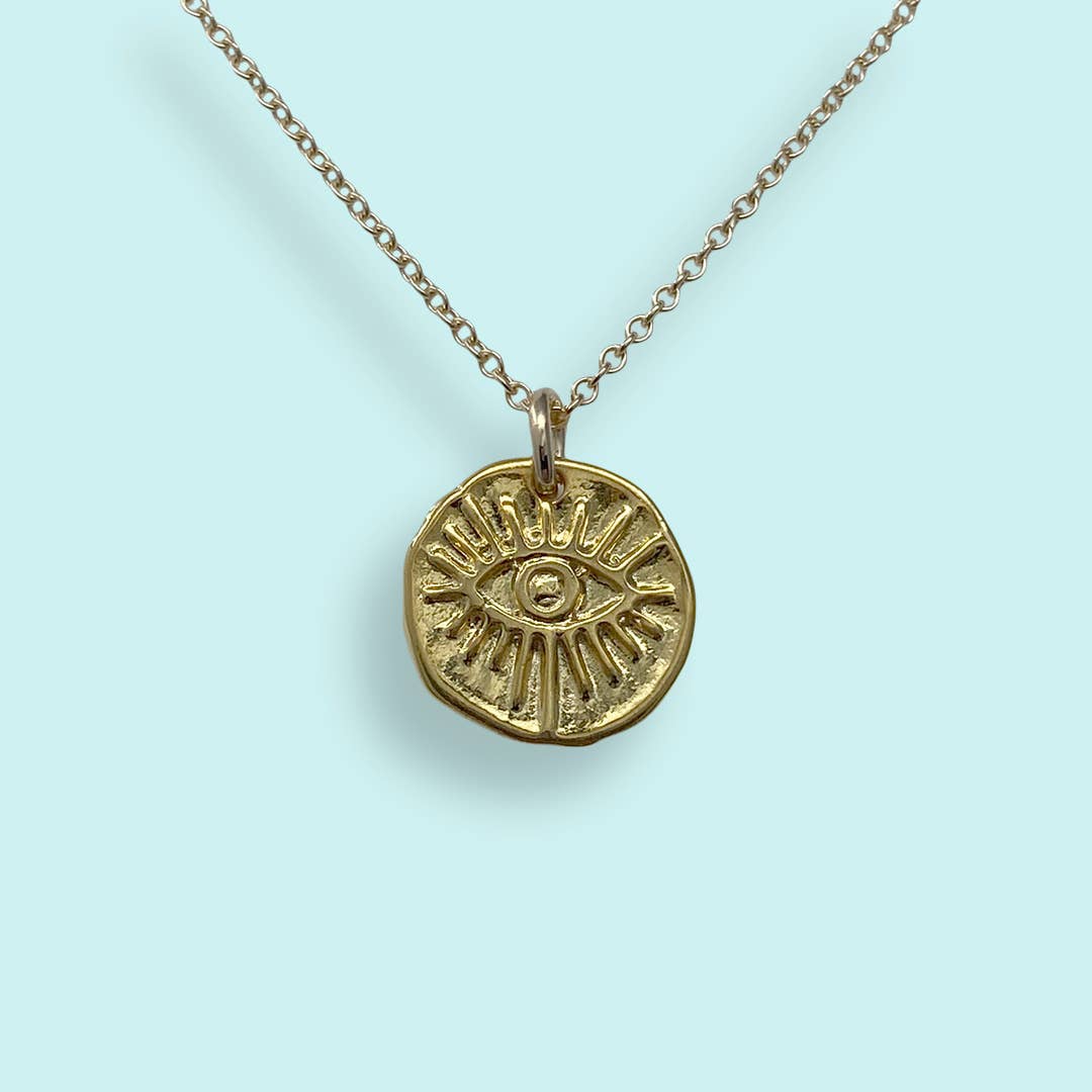 Gold Evil Eye Medallion Necklace: 18 Inch