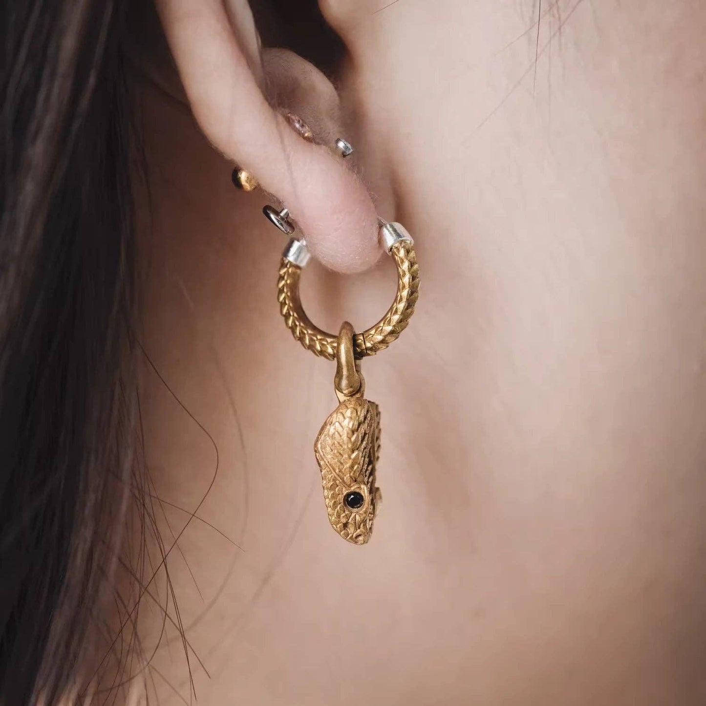 Rattlesnake Head Earrings: Brass