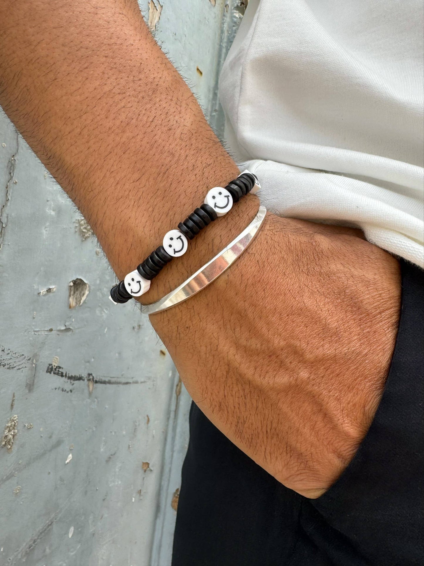 Men's Bracelet, Happy Bracelet, Silver Bangle Bracelet Men,: 21cm / Happy Beads Bracelet