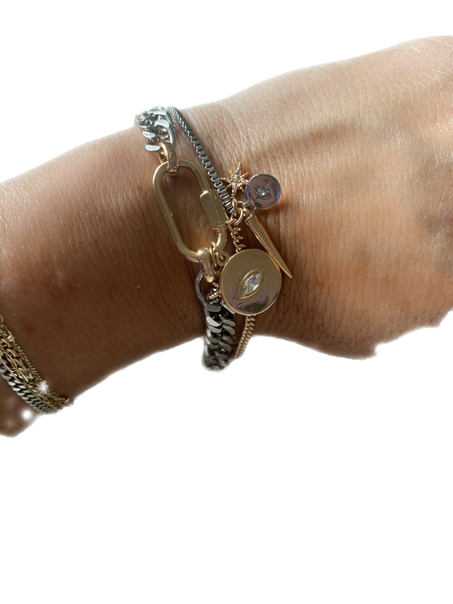 HoopLa Style - Horn & Evil Eye Carabiner, Multi Chain, Charm Bracelet Steel