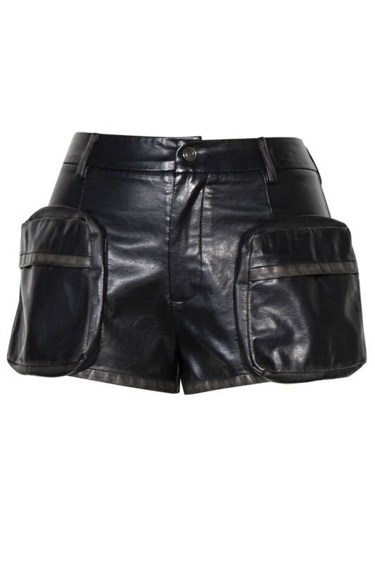 Vintage Effect Vegan Leather Cargo Shorts