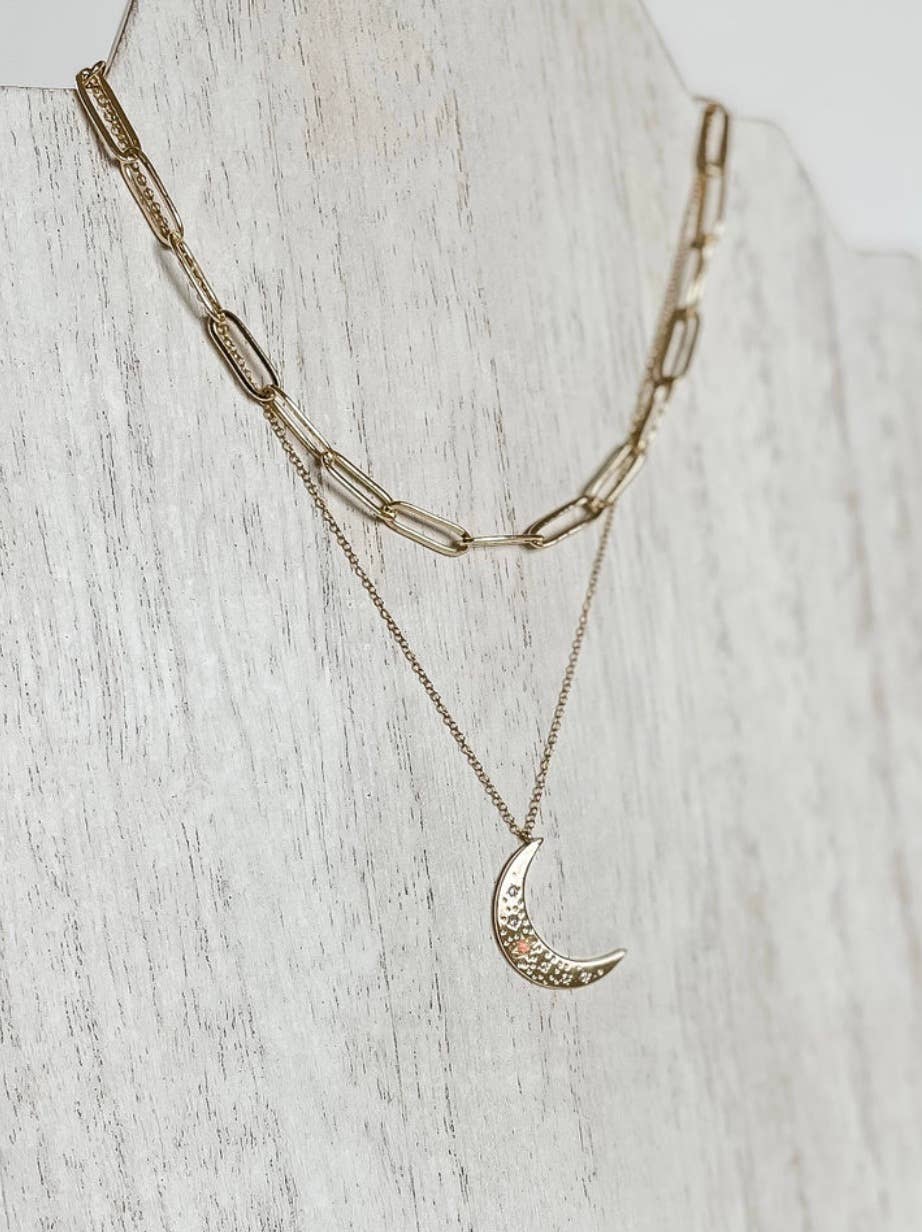 HoopLa Style - Crescent Moon Opal and Crystal Steel 14K Gold Necklace