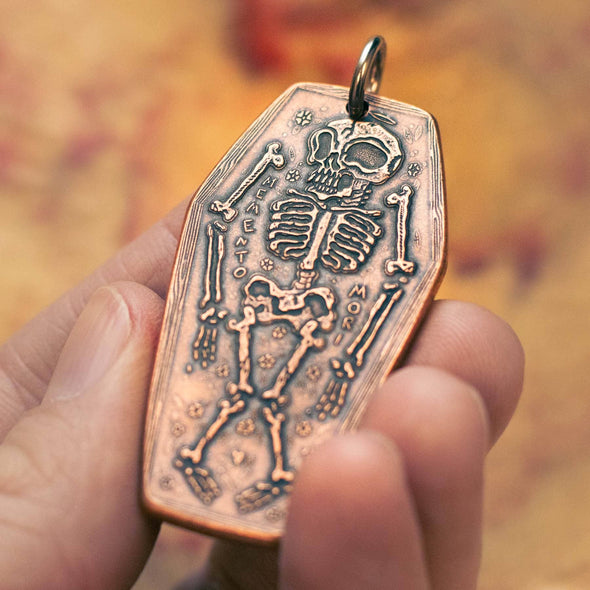 Coffin Memento Mori Memento Vivere Copper Charm or Pendant: 30" blk chain necklace