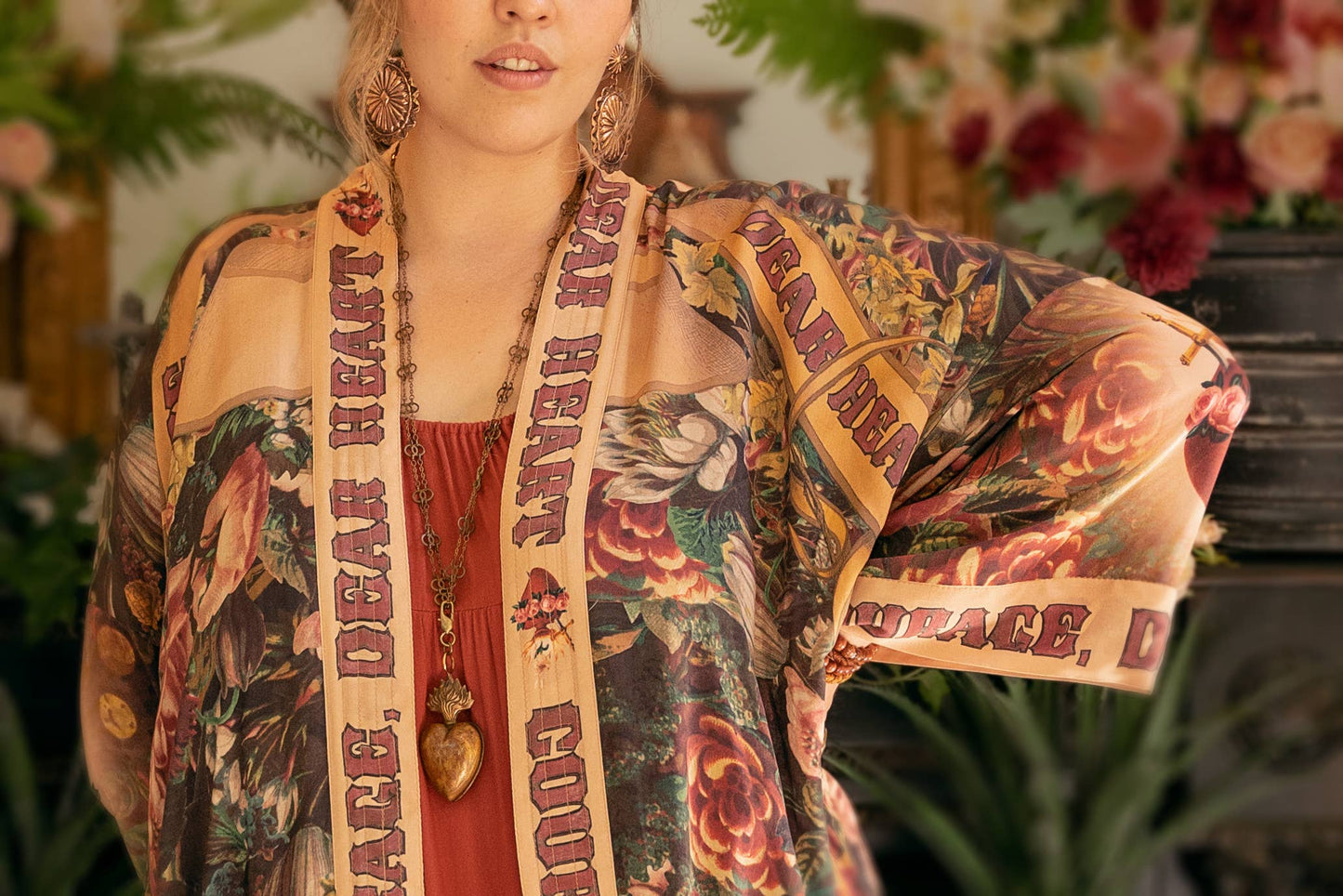 Courage Dear Heart Boho Kimono Duster Robe with Sacred Heart