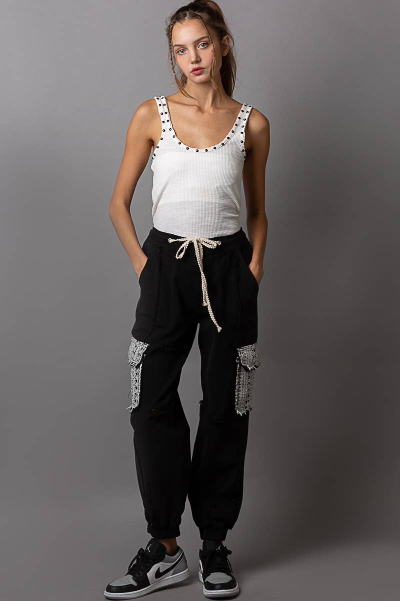 Tie waistband contrast crochet cargo pockets denim joggers: BLACK