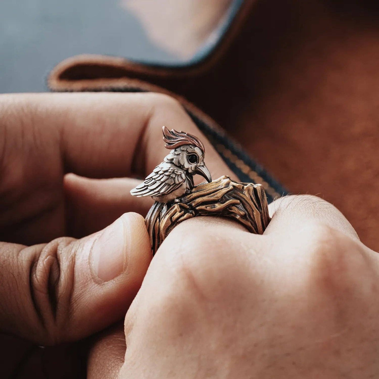 Woodpecker Ring: Brass & White Bronze & Copper / #10 / Cuff Ring