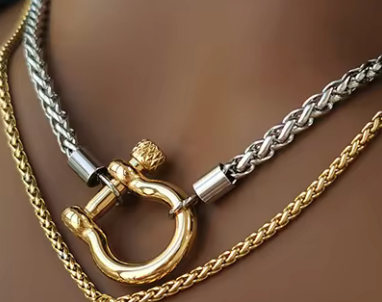 HoopLa Style - Carabiner horse Bit- Charm-Wheat Chain Stainless Necklace: Yellow Gold