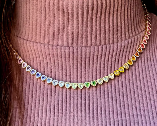 HoopLa Style - Heart Tennis Necklace- 14K Ombré CZ: Multi