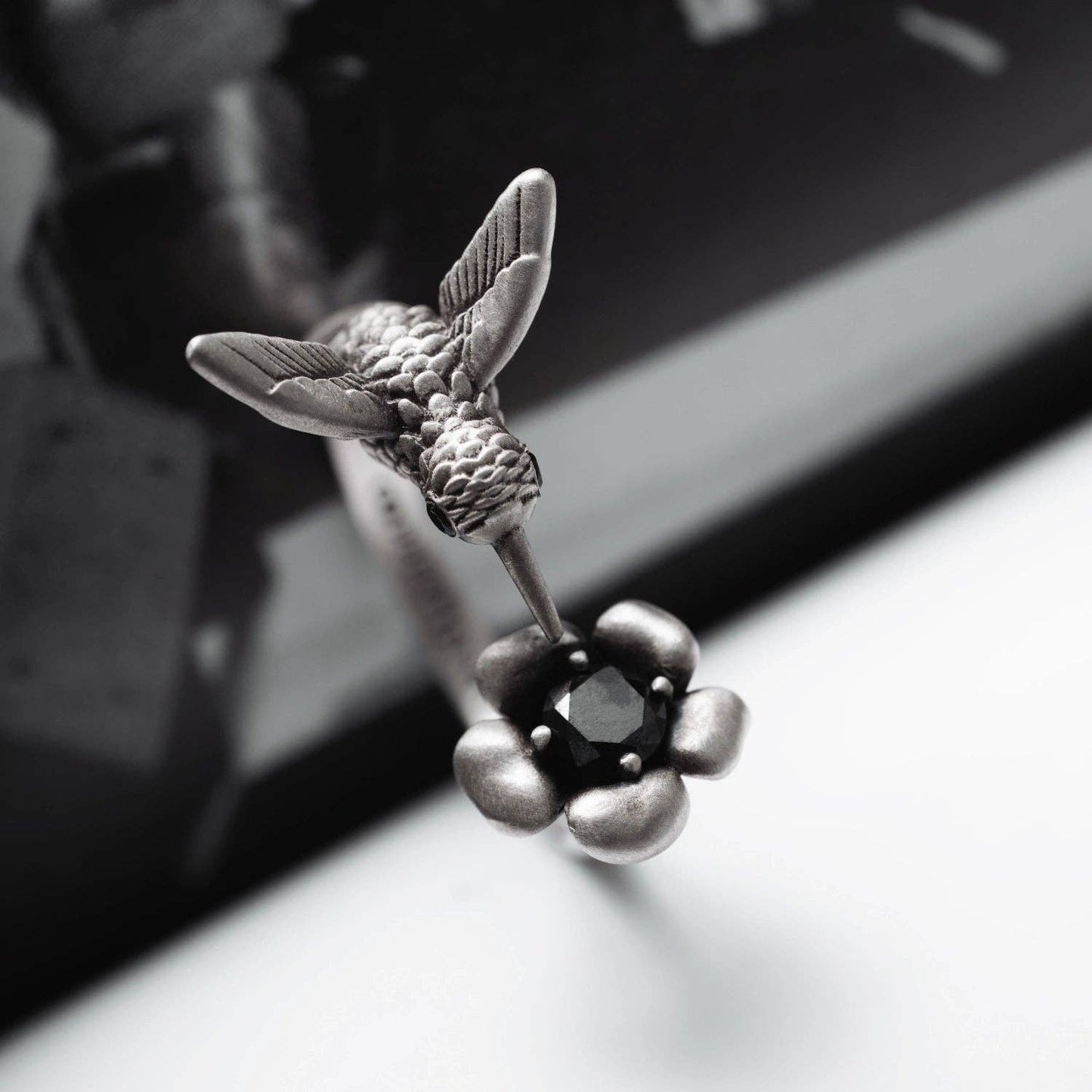 Hummingbird Ring: Oxidized Silver & Black Zircon / #6