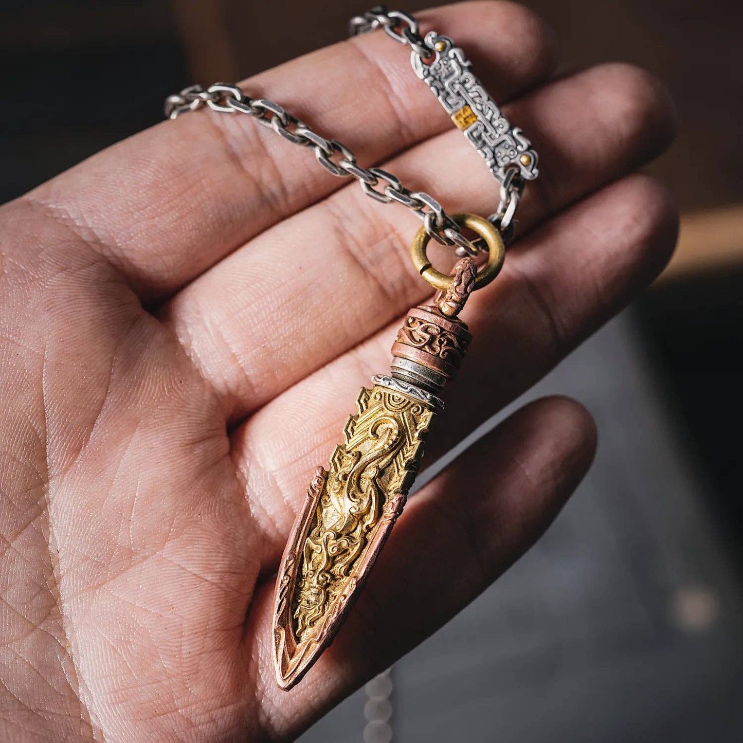 Arrowhead Capsule Pendant: 21" / Brass / 4mm Black Ball Chain