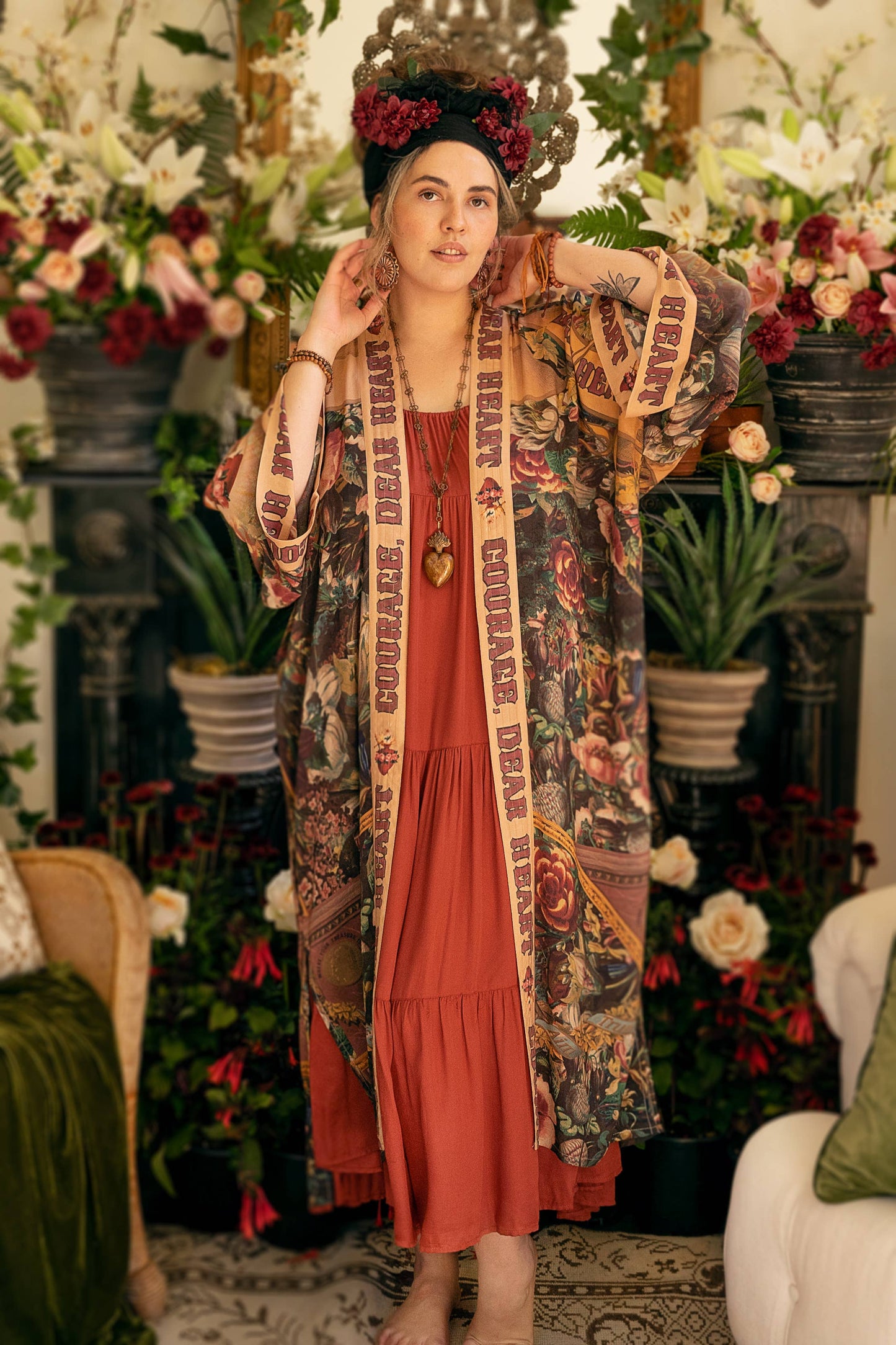 Courage Dear Heart Boho Kimono Duster Robe with Sacred Heart