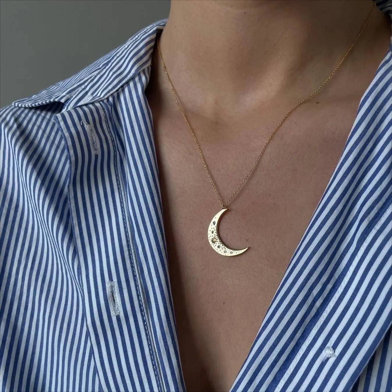 HoopLa Style - Crescent Moon Opal and Crystal Steel 14K Gold Necklace