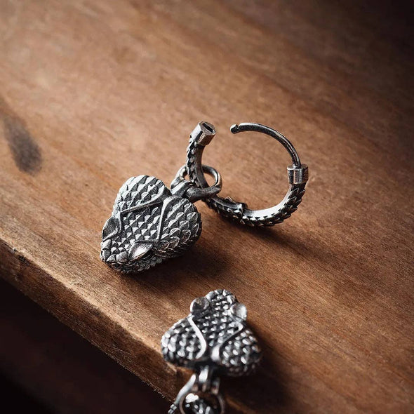 Rattlesnake Head Earrings: Oxidized Silver