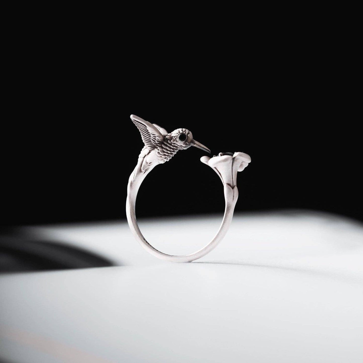 Hummingbird Ring: Oxidized Silver & Black Zircon / #6