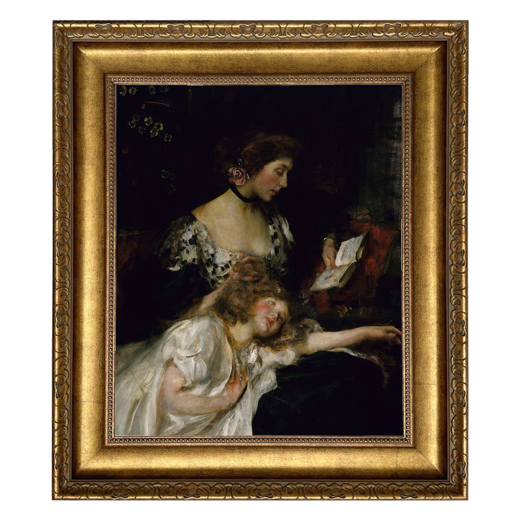 Portrait of Mother and Child Oil Painting Print on Canvas: Antique Black & Gold / 5" x 6"