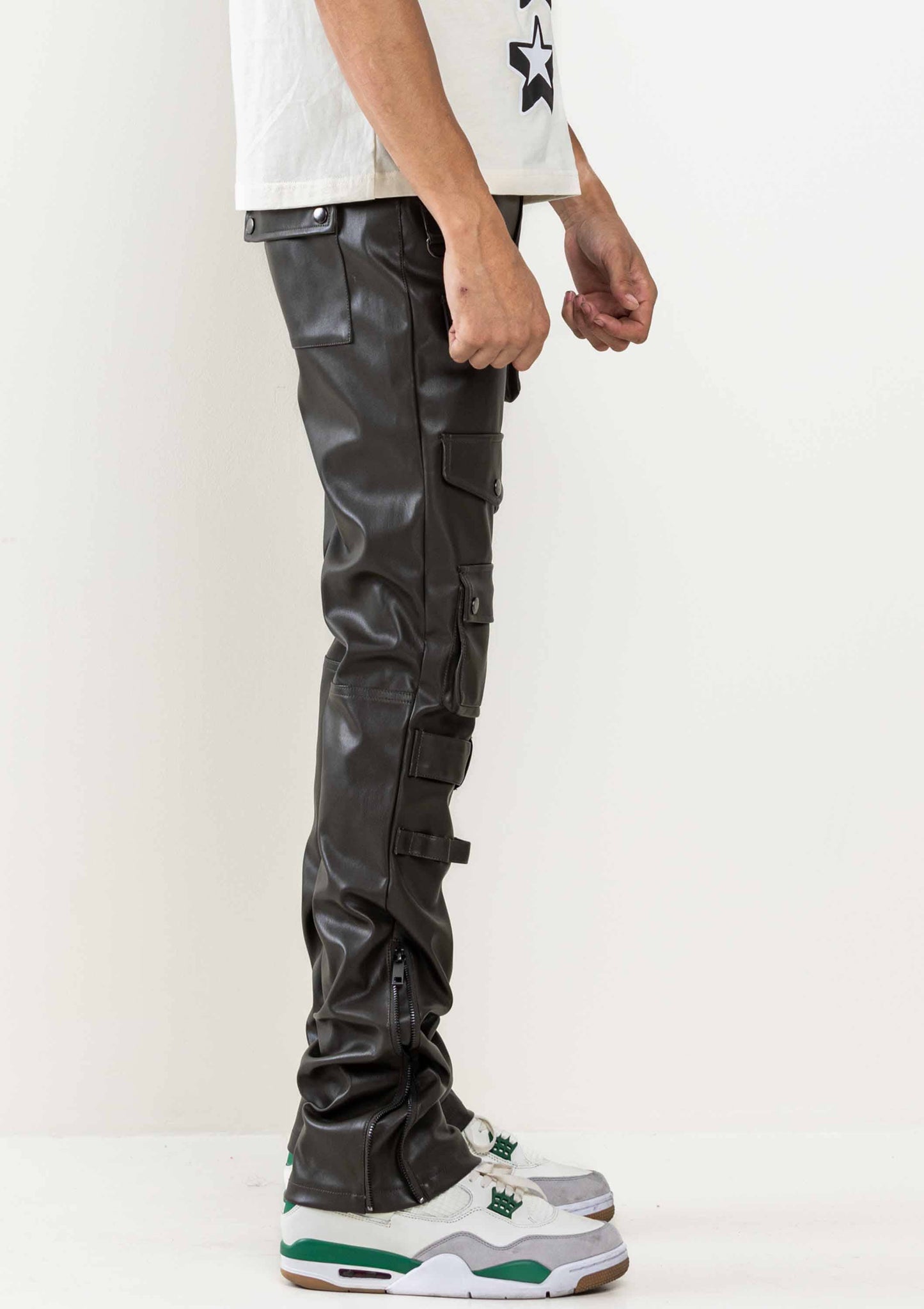 PREMIUM LEATHER MULTI CARGO STACKED  PANTS: DK Olive