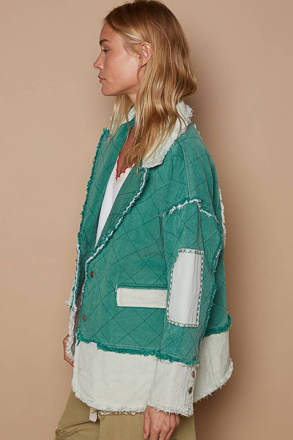 Colorblocked twill patch studded back heart jacket: TEAL GREEN