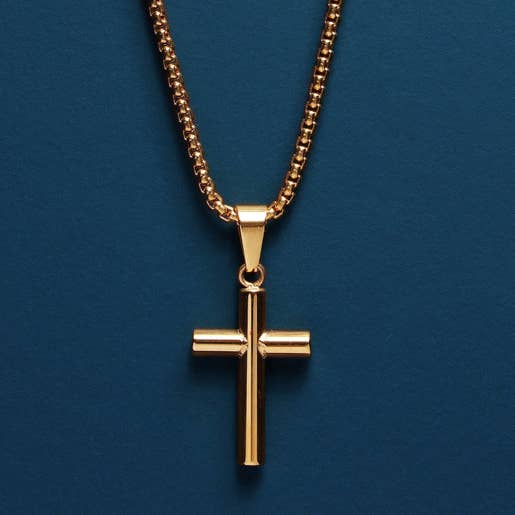 Men's Bamboo Gold Cross Pendant Necklace: 22"
