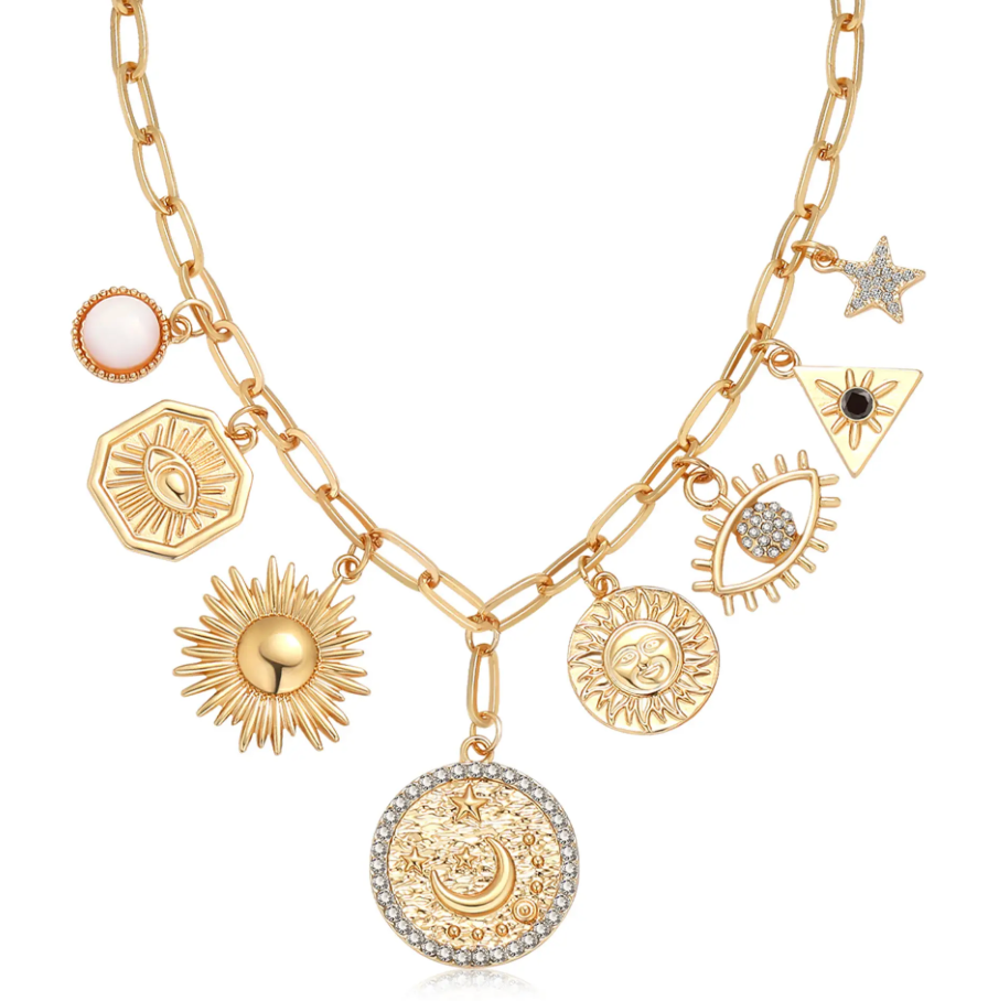 HoopLa Style -  Celestial Coin and Charm Necklace Moon and Sun Charms