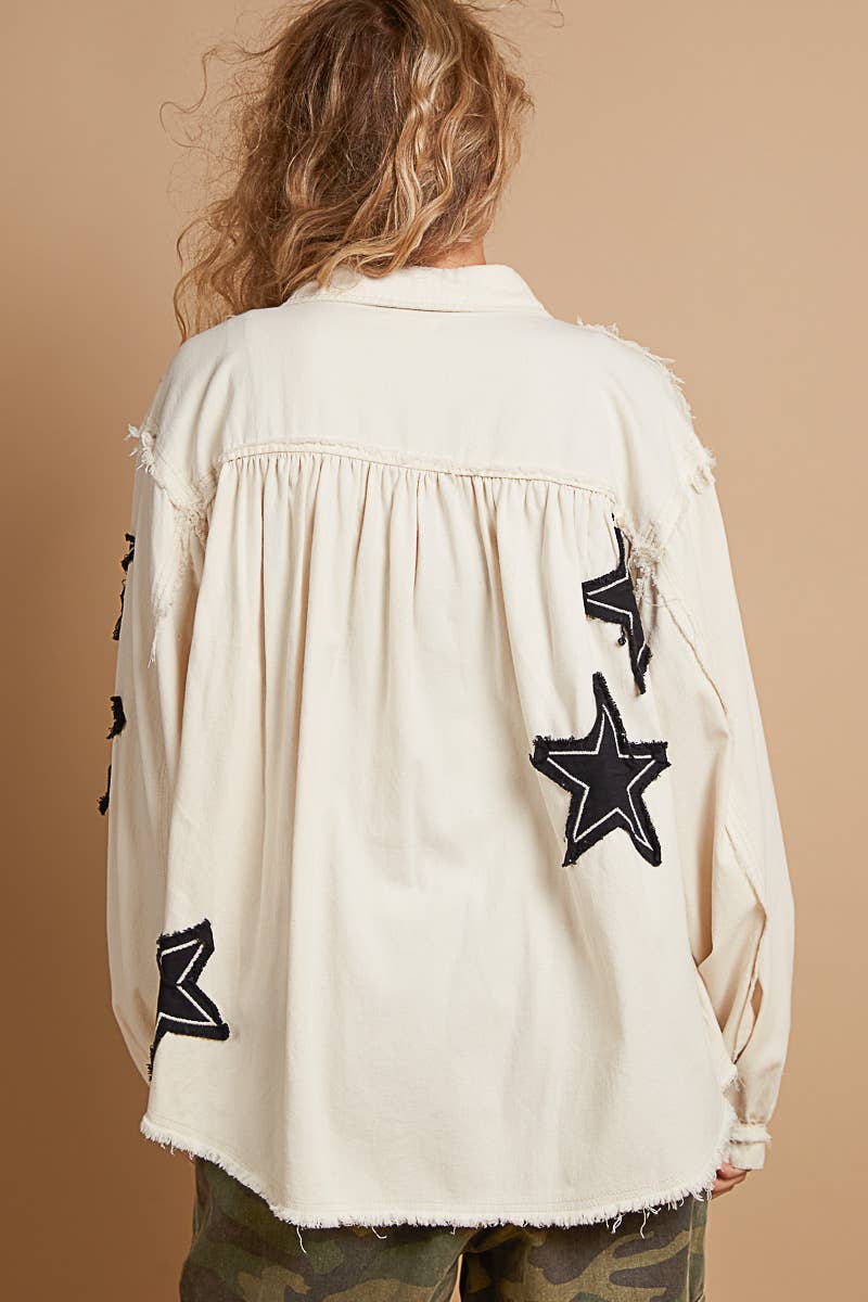 Balloon sleeve twill collar jacket with star patch