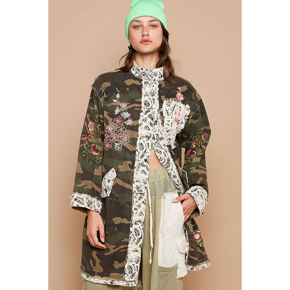 Oversized camo print crochet detail jacket: CAMO