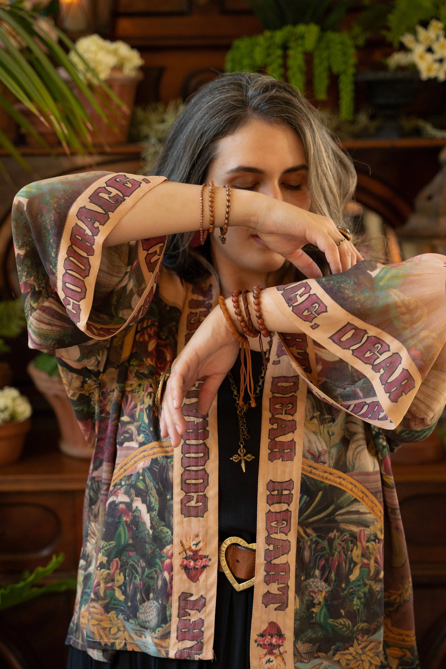 Courage Dear Heart Cropped Bamboo Kimono with Sacred Heart