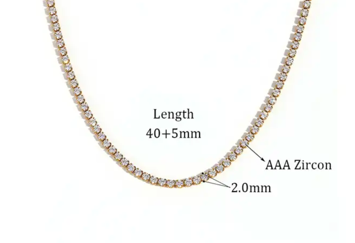 HoopLa Style - Tennis Necklace. Premium PV plated stainless CZ. : White Gold / 2mm