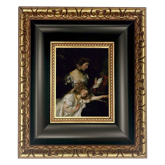 Portrait of Mother and Child Oil Painting Print on Canvas: Antique Black & Gold / 5" x 6"