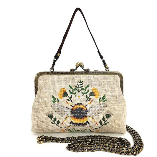 Bee Vintage Kisslock Bag in Linen Blend: Beige