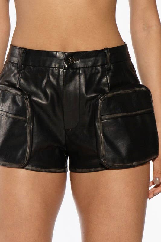 Vintage Effect Vegan Leather Cargo Shorts