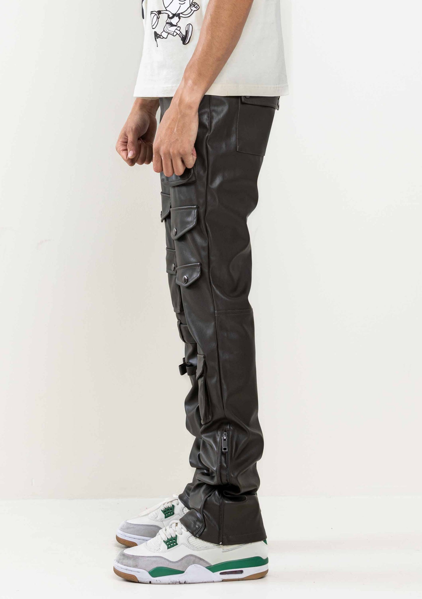 PREMIUM LEATHER MULTI CARGO STACKED  PANTS: DK Olive