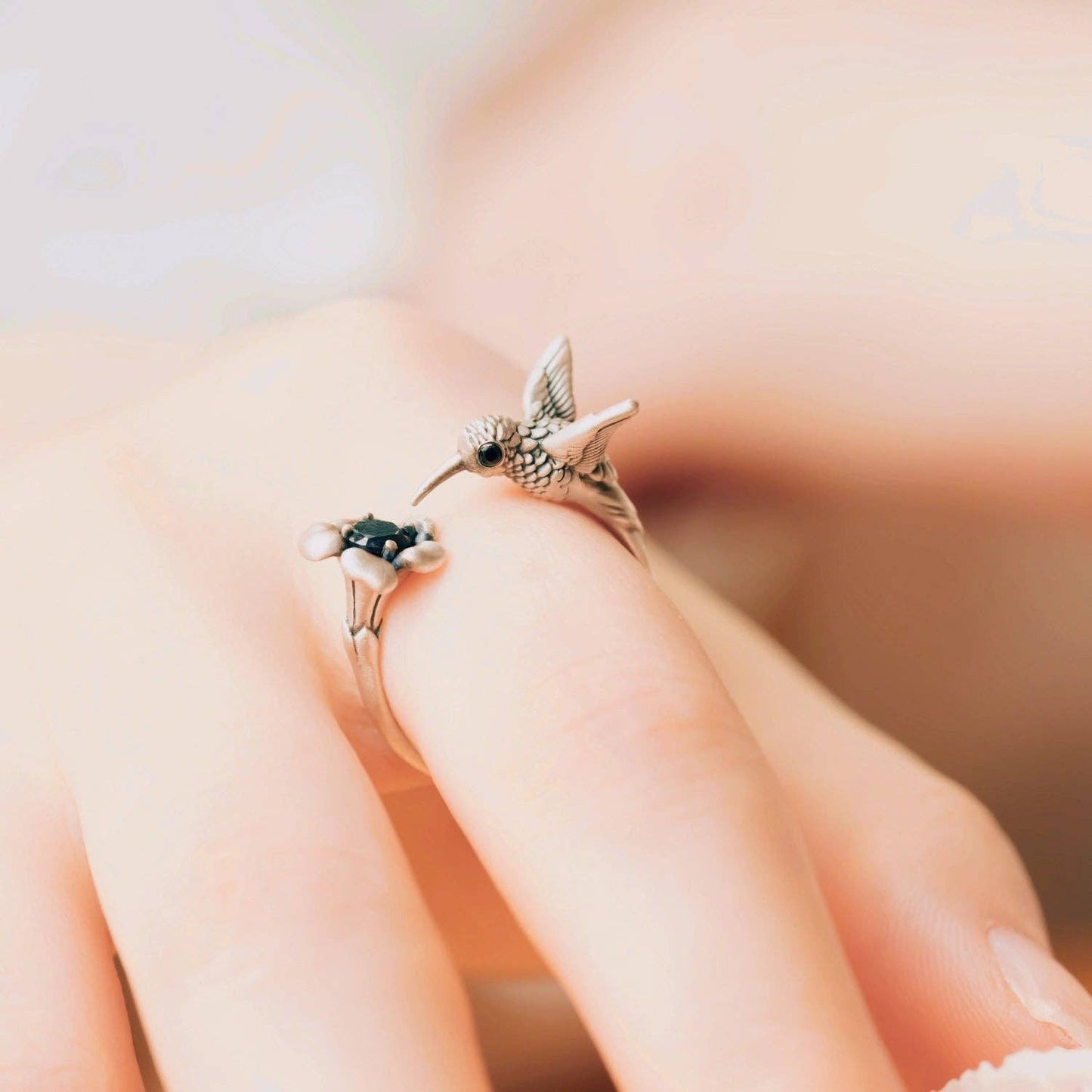 Hummingbird Ring: Oxidized Silver & Black Zircon / #6