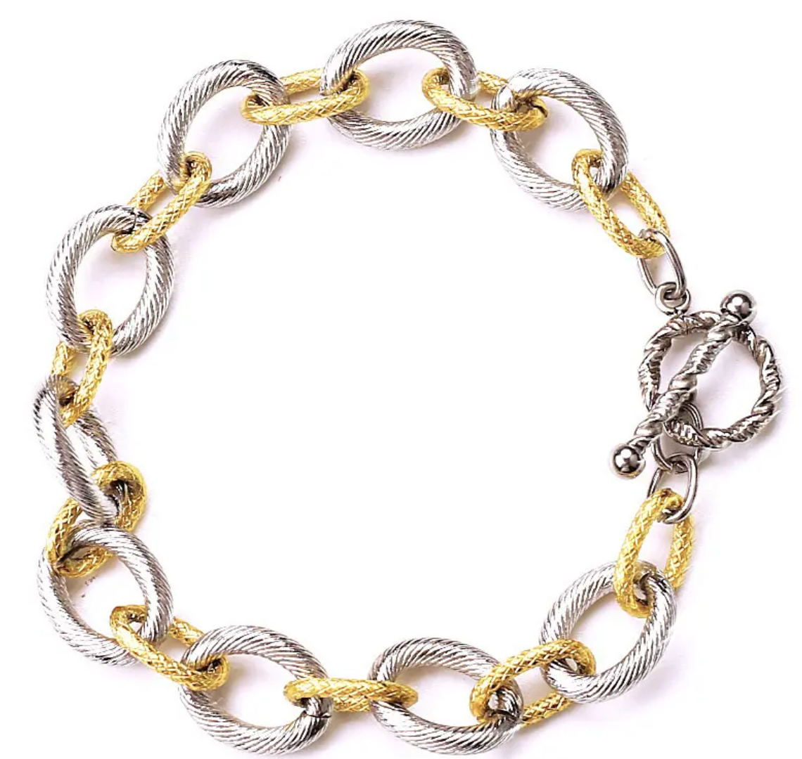 HoopLa Style -  Two Tone Etched Steel Link Toggle Bracelet