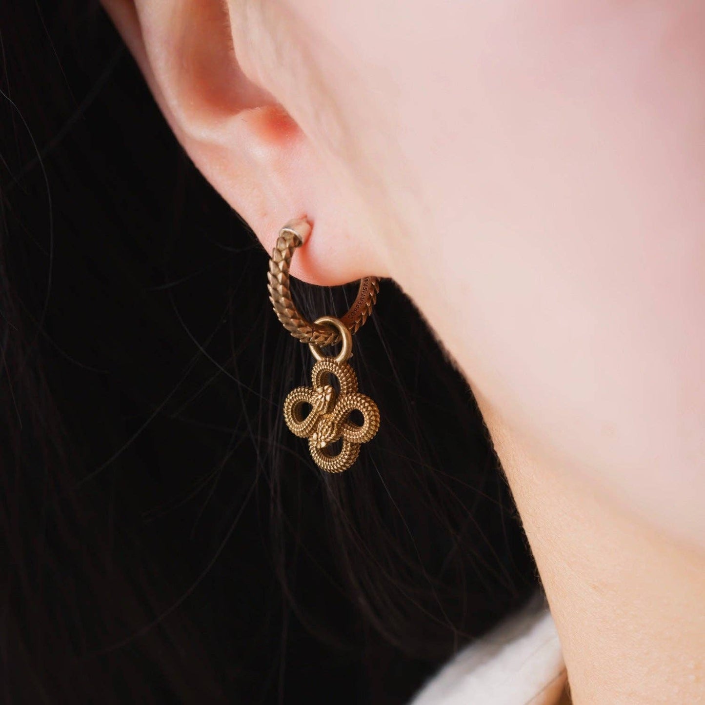 Double Snake Hoop Charm Earrings: Brass