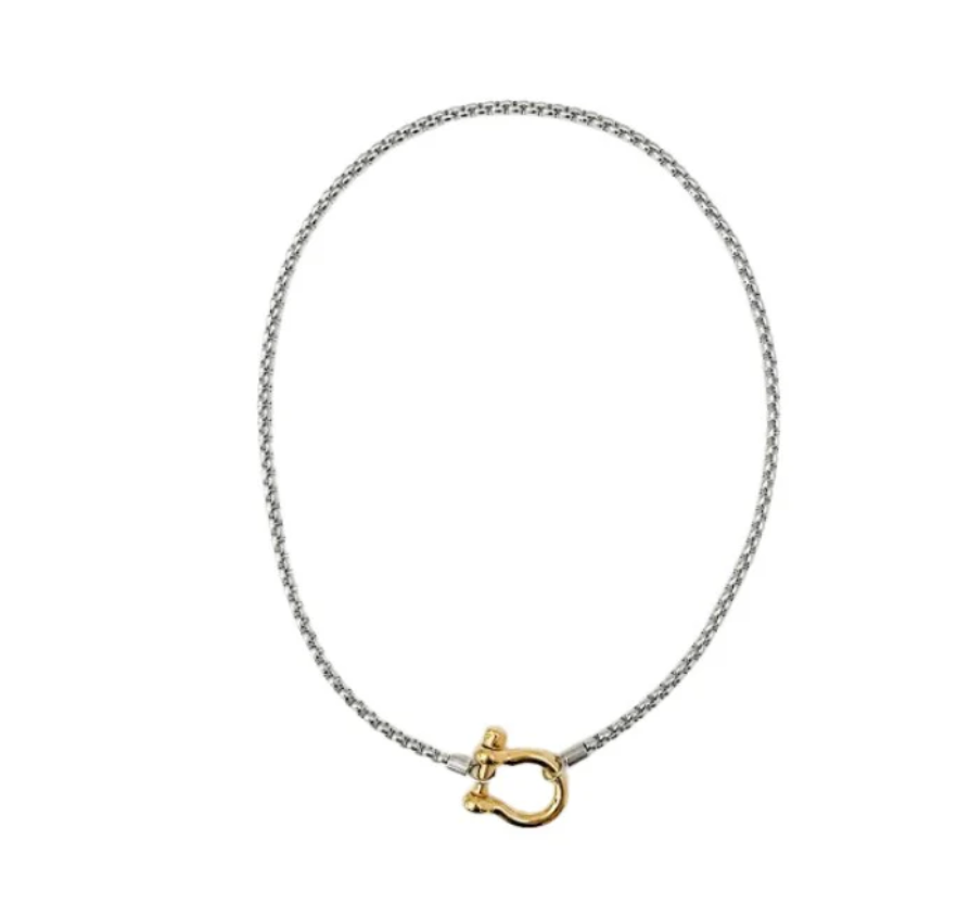 HoopLa Style - Carabiner horse Bit- Charm-Wheat Chain Stainless Necklace: Yellow Gold