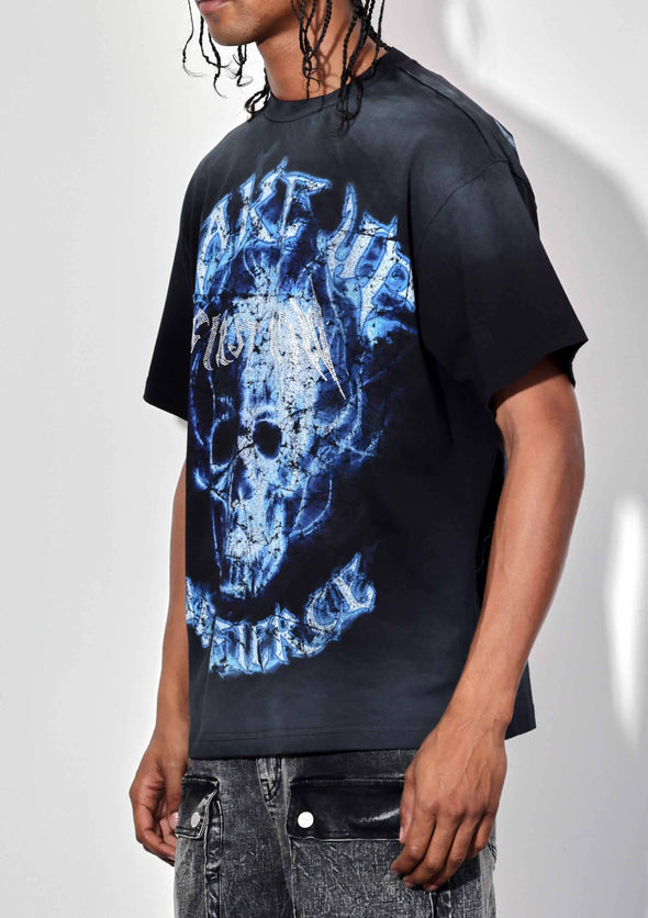 WAKE UP AND BE FIERCE FLAME SKULL WASHED TEE: Black