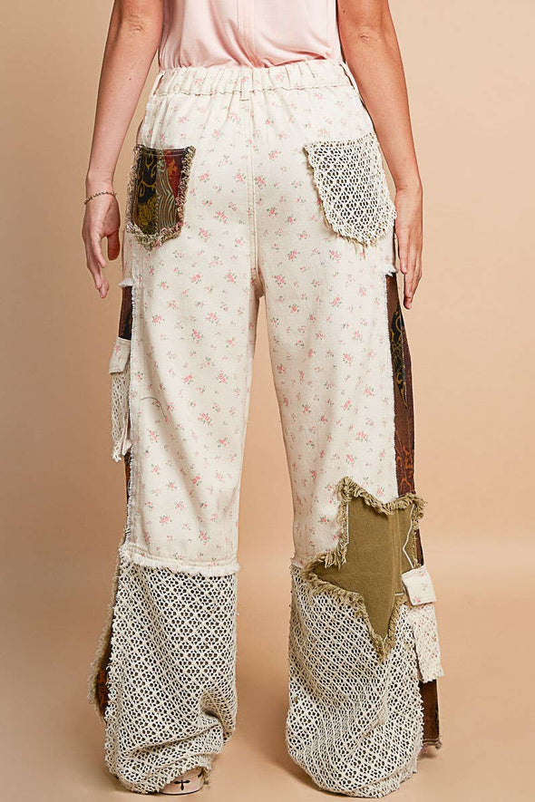 Printed patchwork detail woven twill pants: IVORY/REDBEAN MULTI