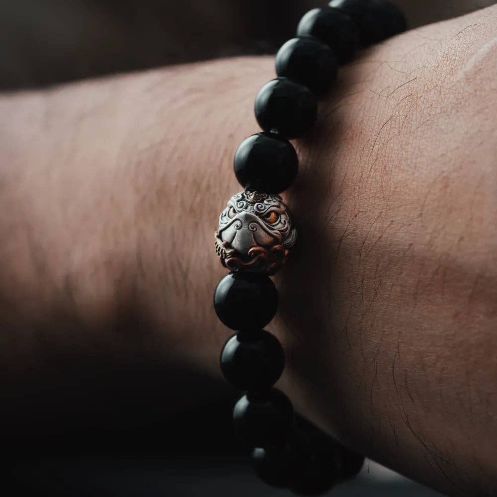 Koi Fish Bead Bracelet: Oxidized Silver / Obsidian / 20pcs(Beaded) + 2pcs(Extra)