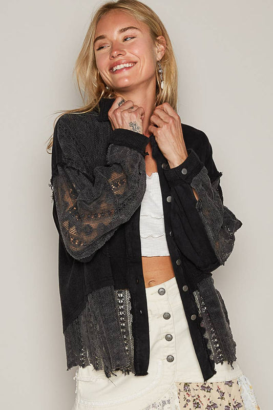 Oversize contrast lace crochet collared button down shirt