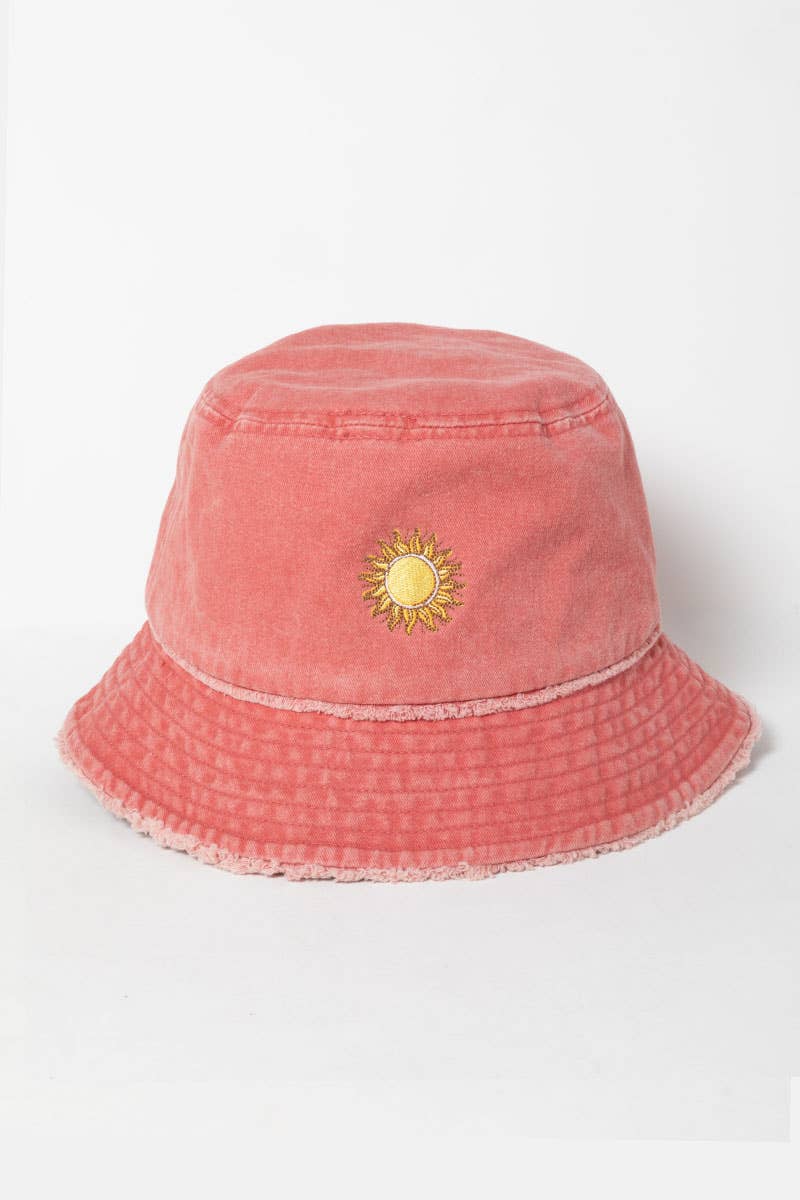 SUN Embroidered Distressed Cotton Buckethat: Coral