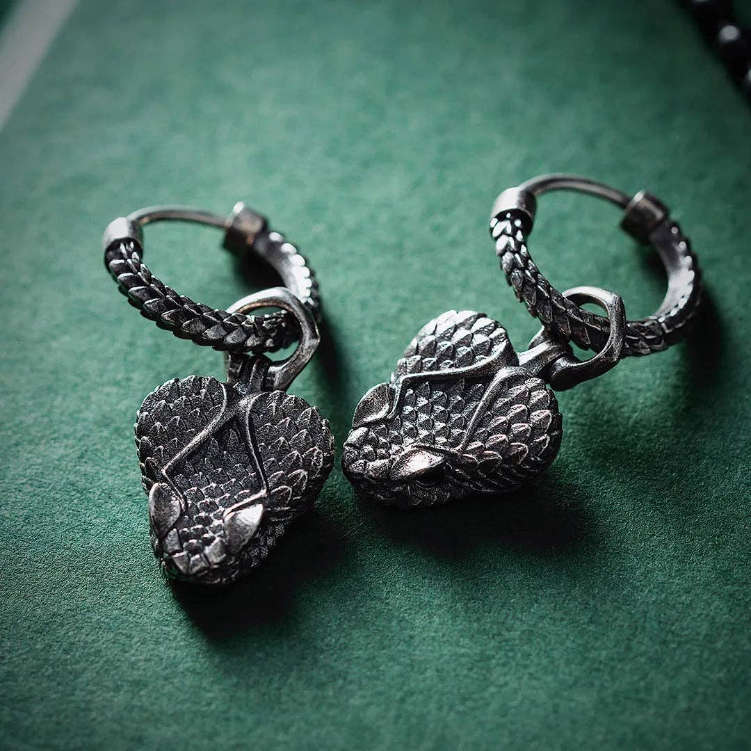 Rattlesnake Head Earrings: Oxidized Silver