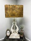 DISTRESSED WOOD TABLE LAMP WITH METAL SHADE