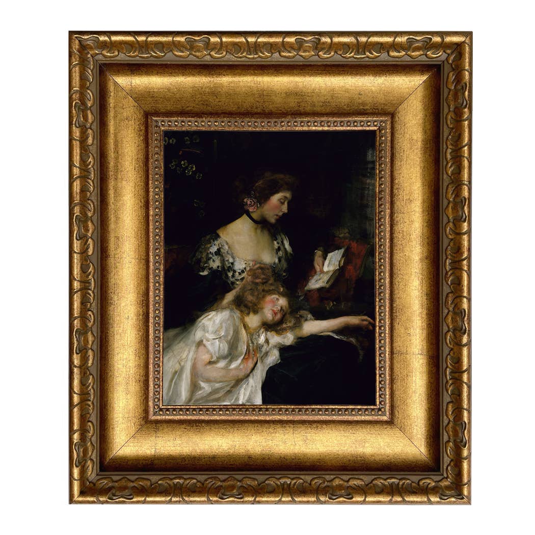 Portrait of Mother and Child Oil Painting Print on Canvas: Antique Black & Gold / 5" x 6"