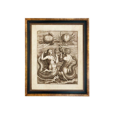 Mermaid & Merman Nautical Illustration Print Behind Glass: 8" x 10"