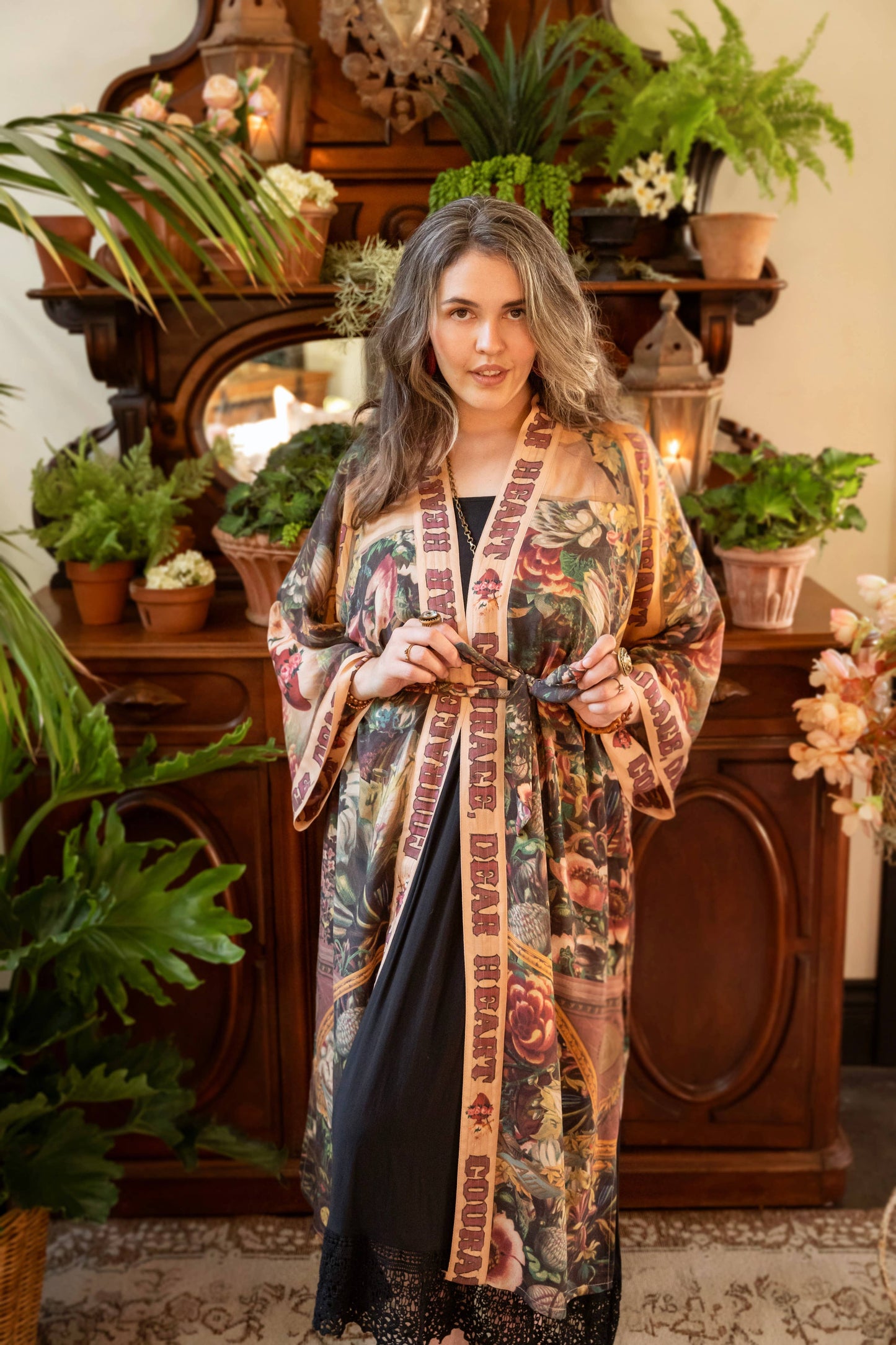 Courage Dear Heart Boho Kimono Duster Robe with Sacred Heart