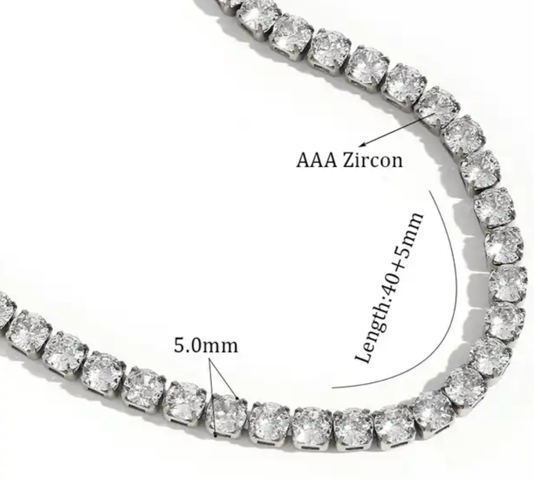 HoopLa Style - Tennis Necklace. Premium PV plated stainless CZ. : White Gold / 2mm