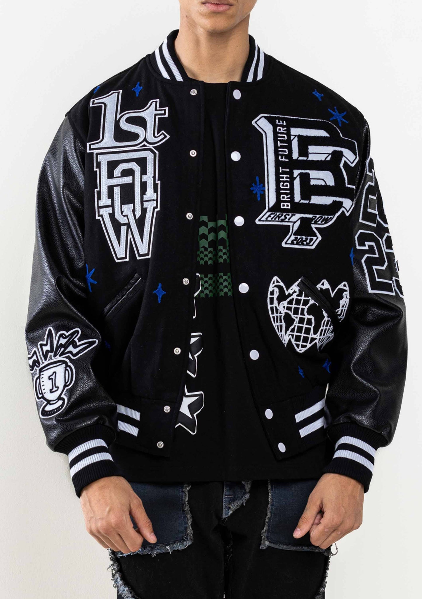 MONO BRIGHT FUTURE  VARSITY JACKET: BLACK