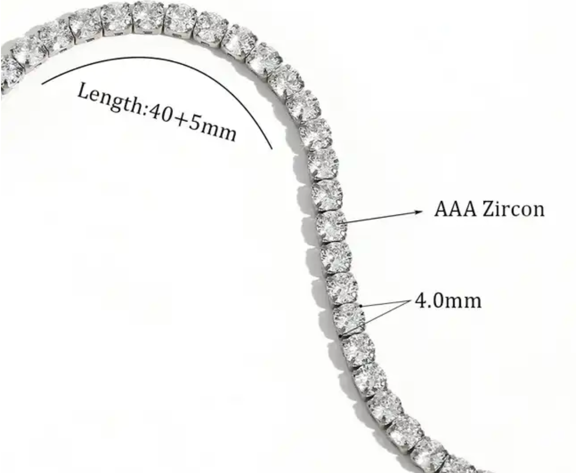 HoopLa Style - Tennis Necklace. Premium PV plated stainless CZ. : White Gold / 2mm